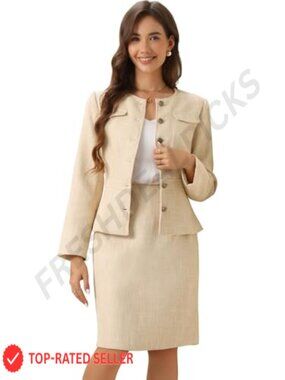 Tweed 2 Piece Skirt Suit Set Blazer Pencil Skirt Business Casual